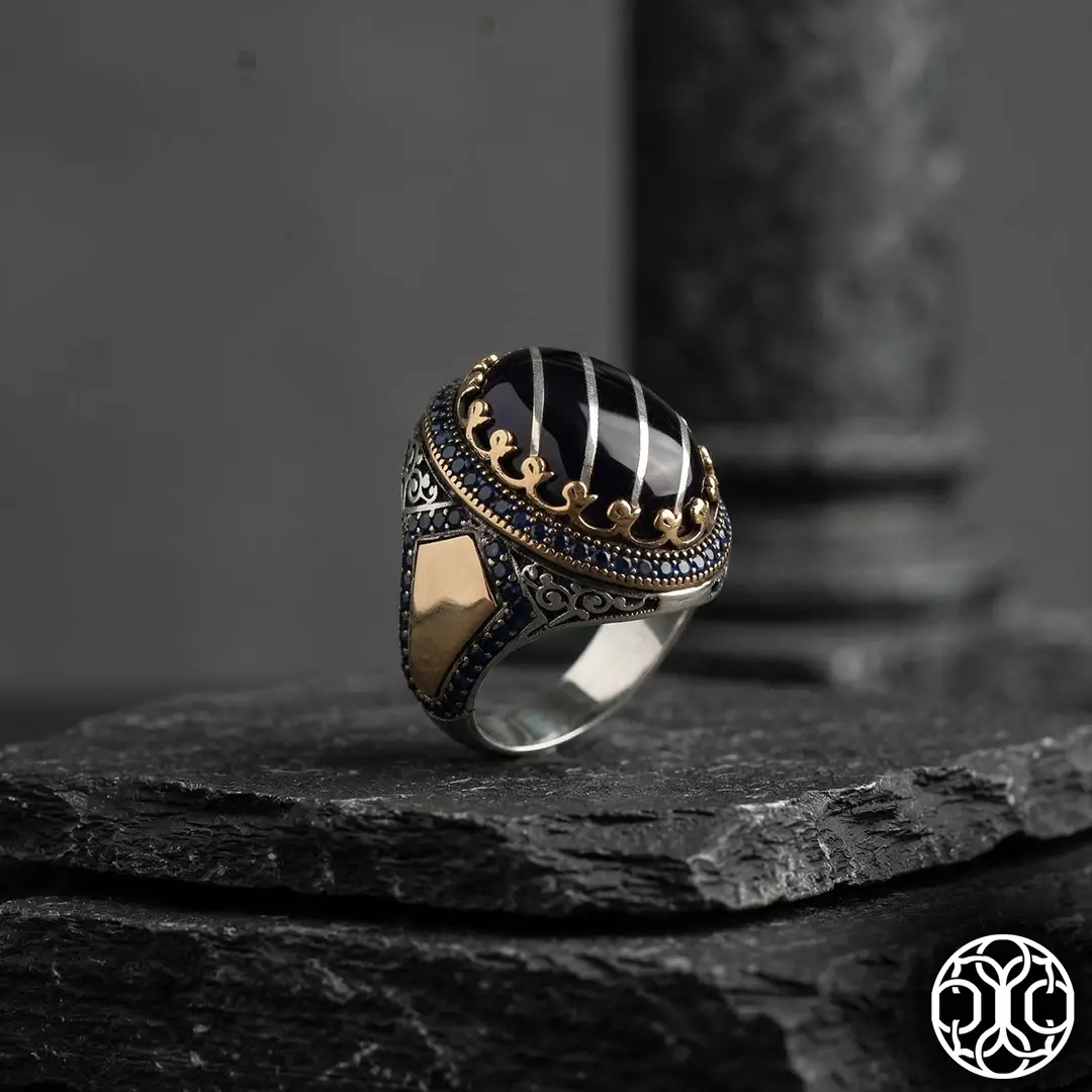 Black Onyx Stone-set Çizgi Motif Silver Men's Ring