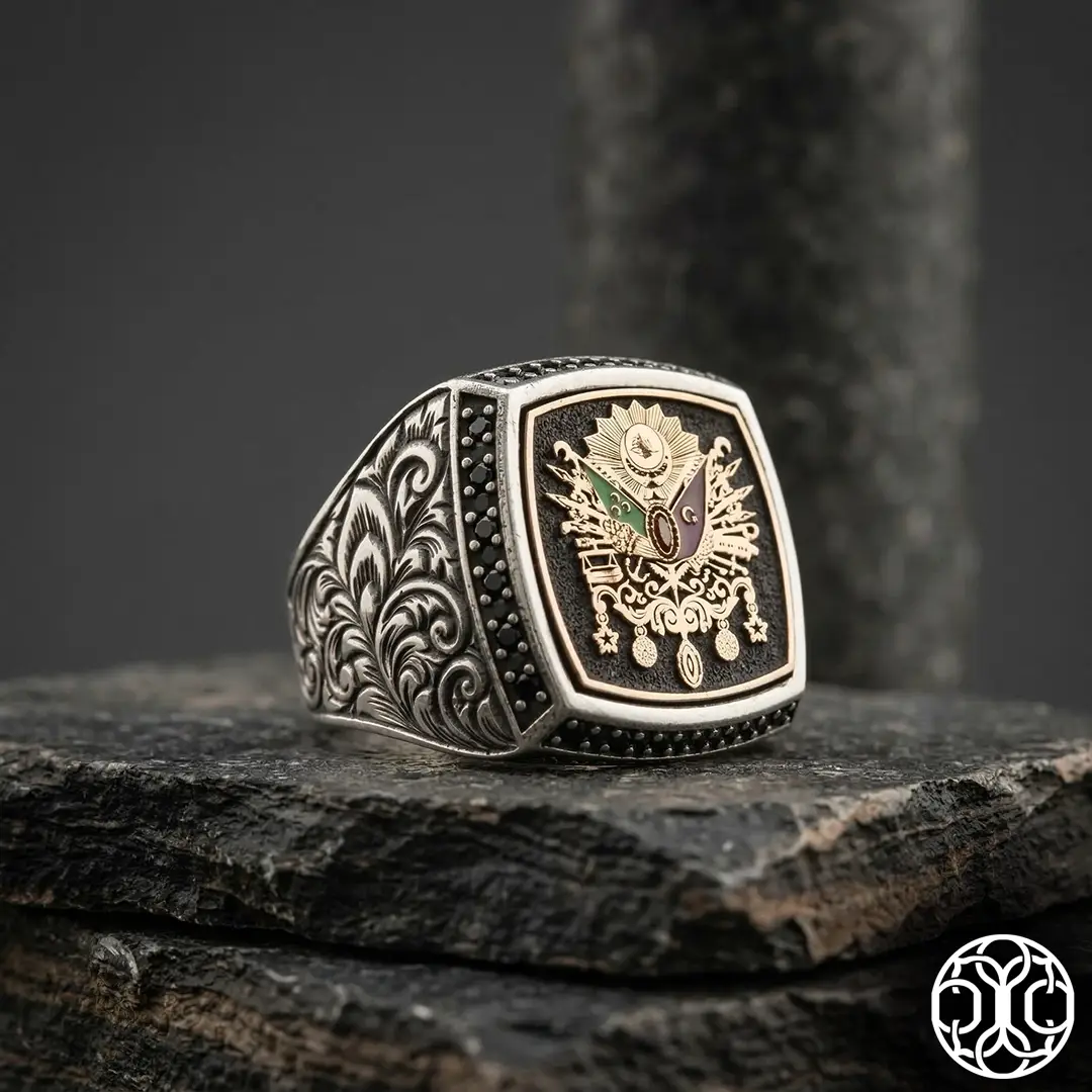 Ottoman Crested Black Stone Mıhlamalı Silver Ring