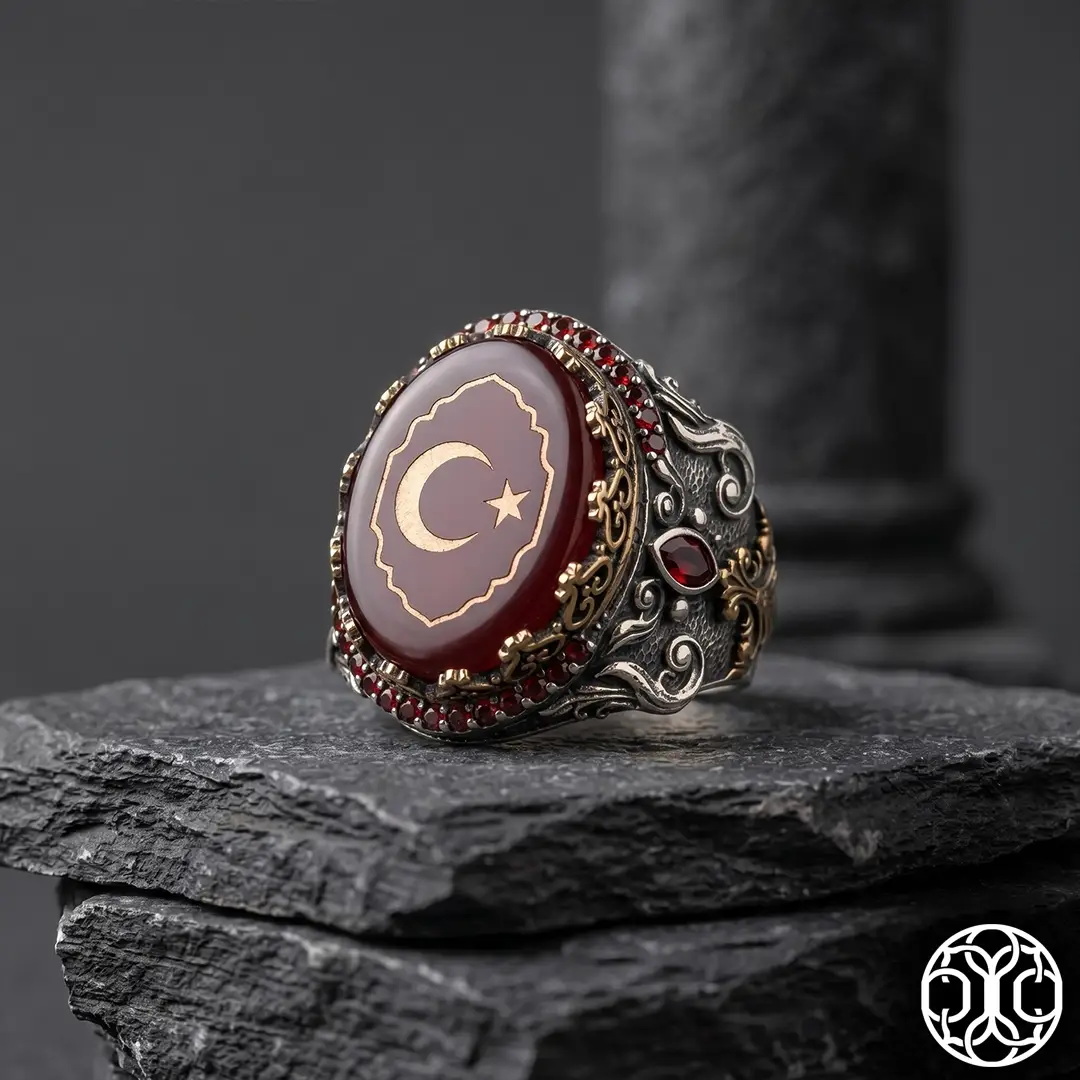 Star and Crescent Engraved Red Amber Silver Ring
