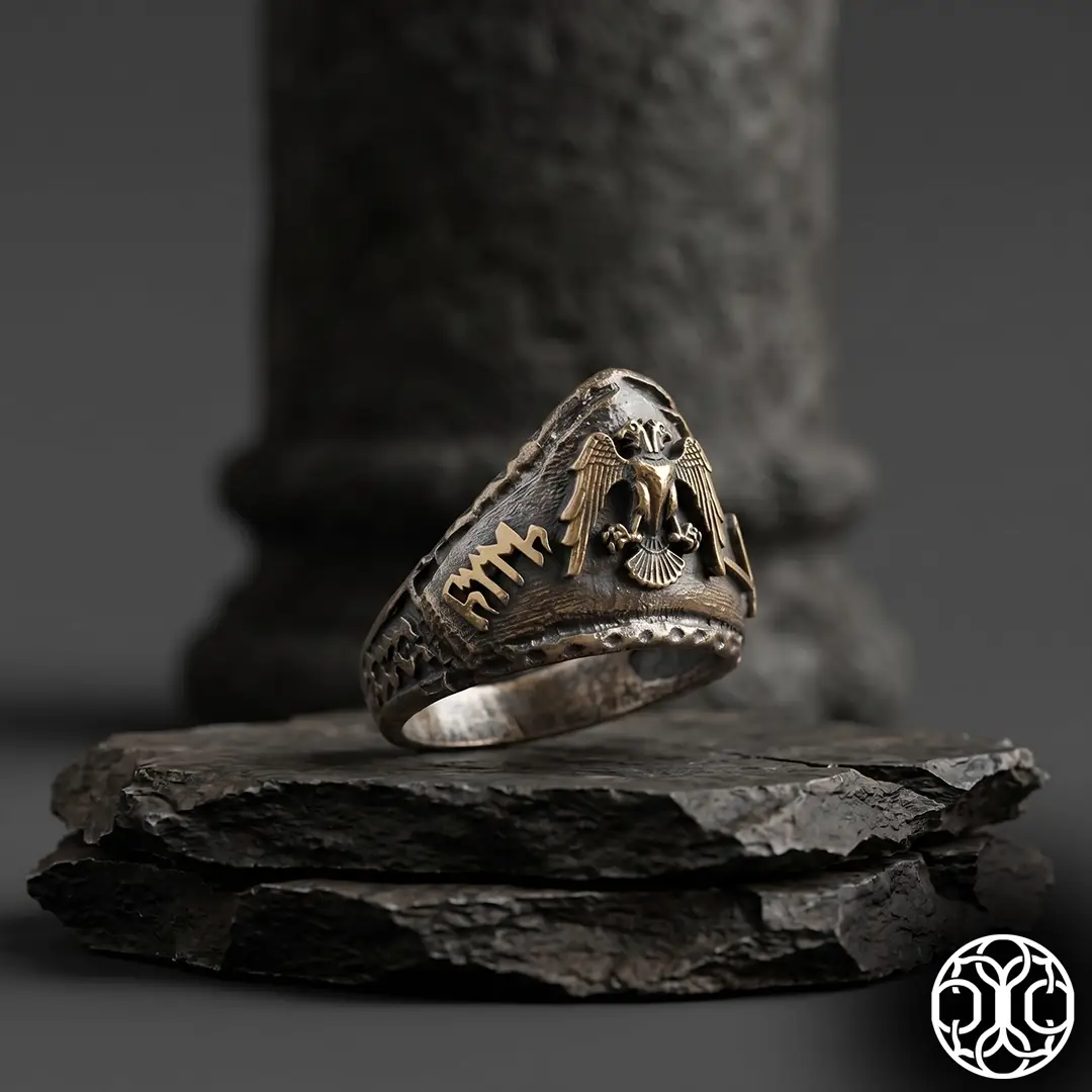 Seljuk Eagle & Göktürkçe Turkish Engraved Silver Archer Ring