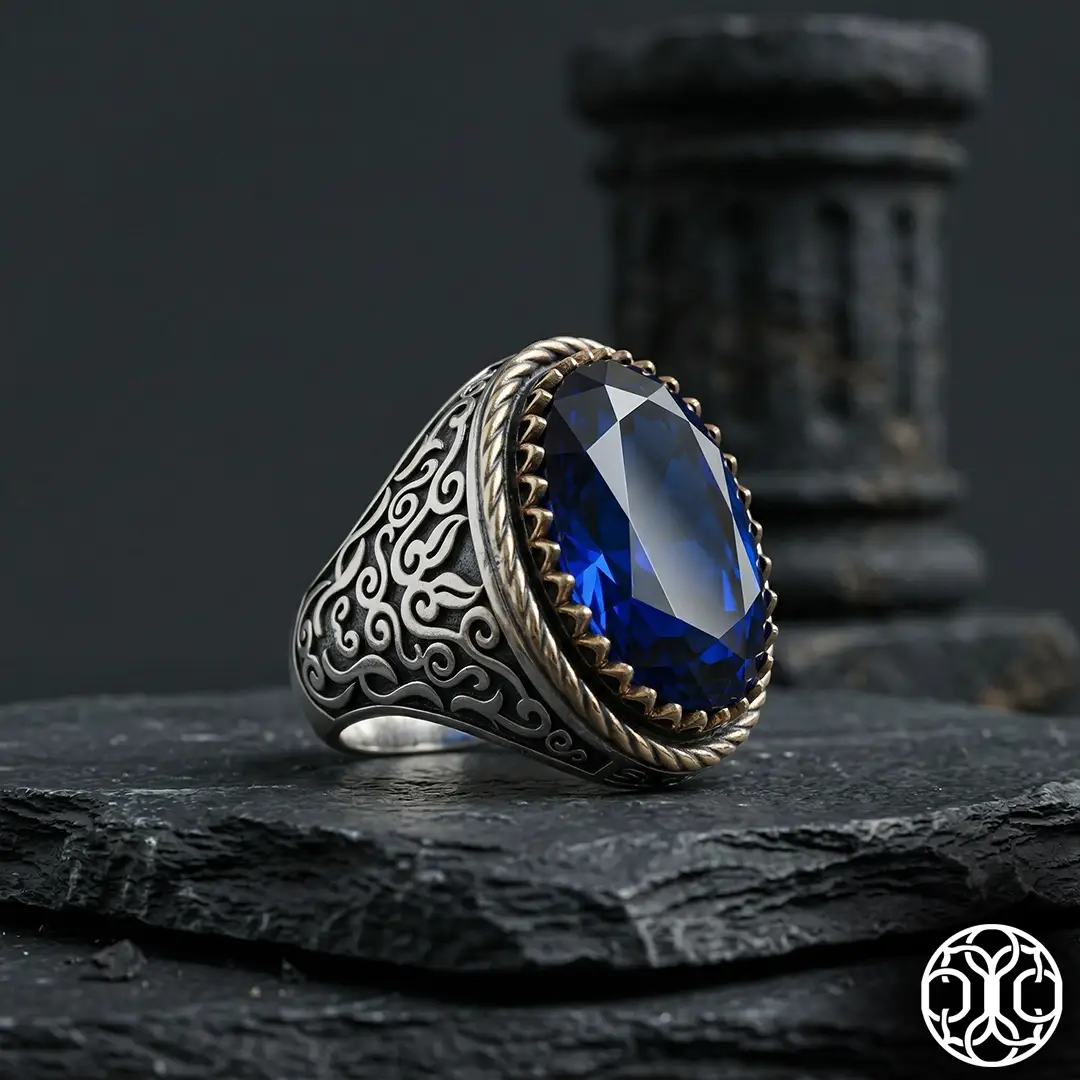 Navy Stone-set Engraved Silver Ring