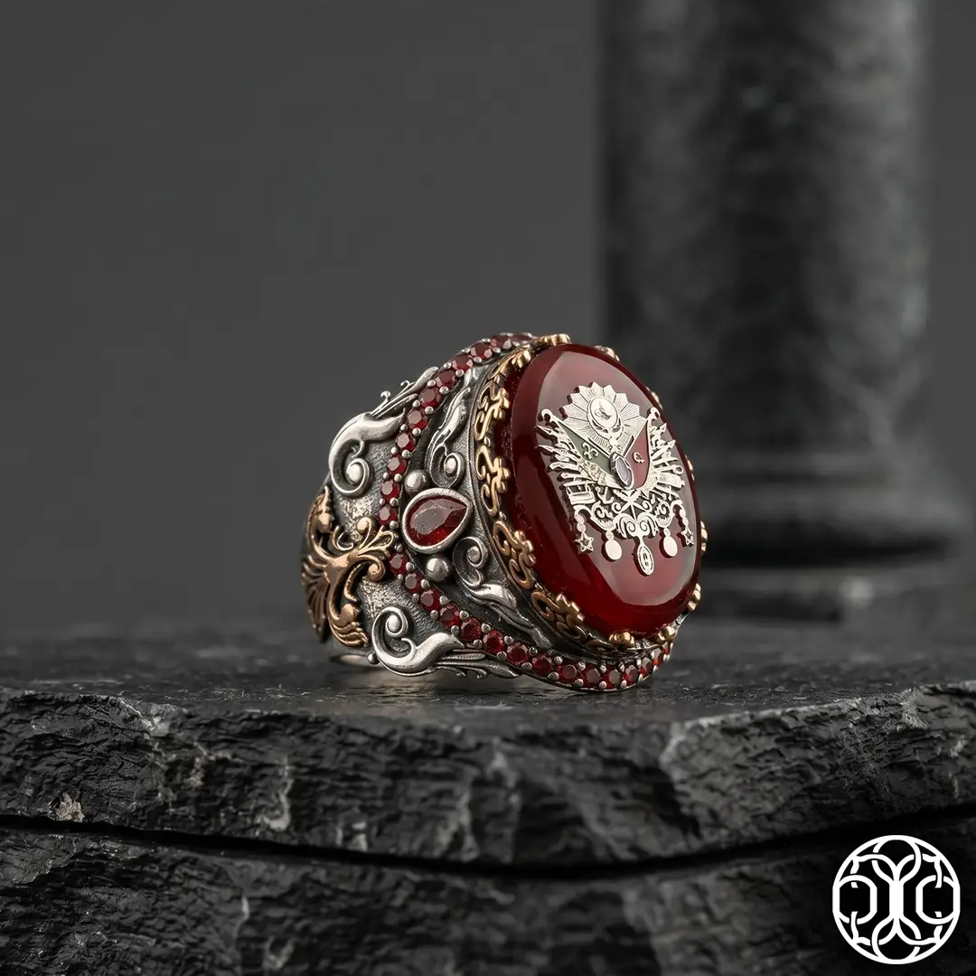 Ottoman Coat of Arms Engraved Red Amber & Garnet Stone-set Silver Ring
