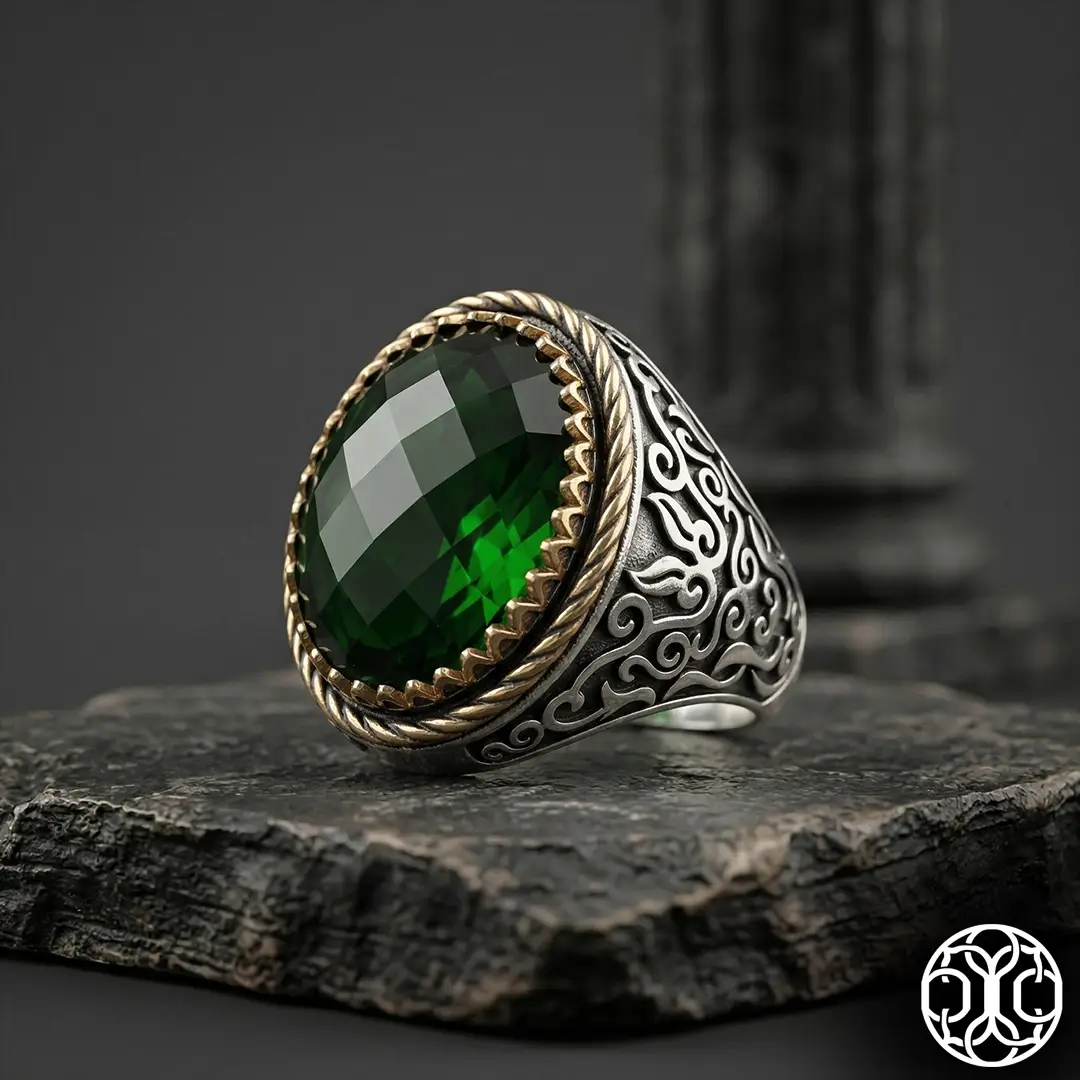 Green Stone-set Engraved Silver Ring