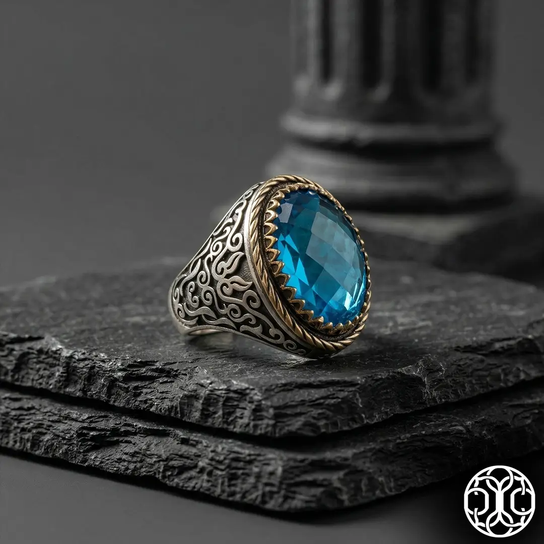 Aqua Stone-set Engraved Silver Ring