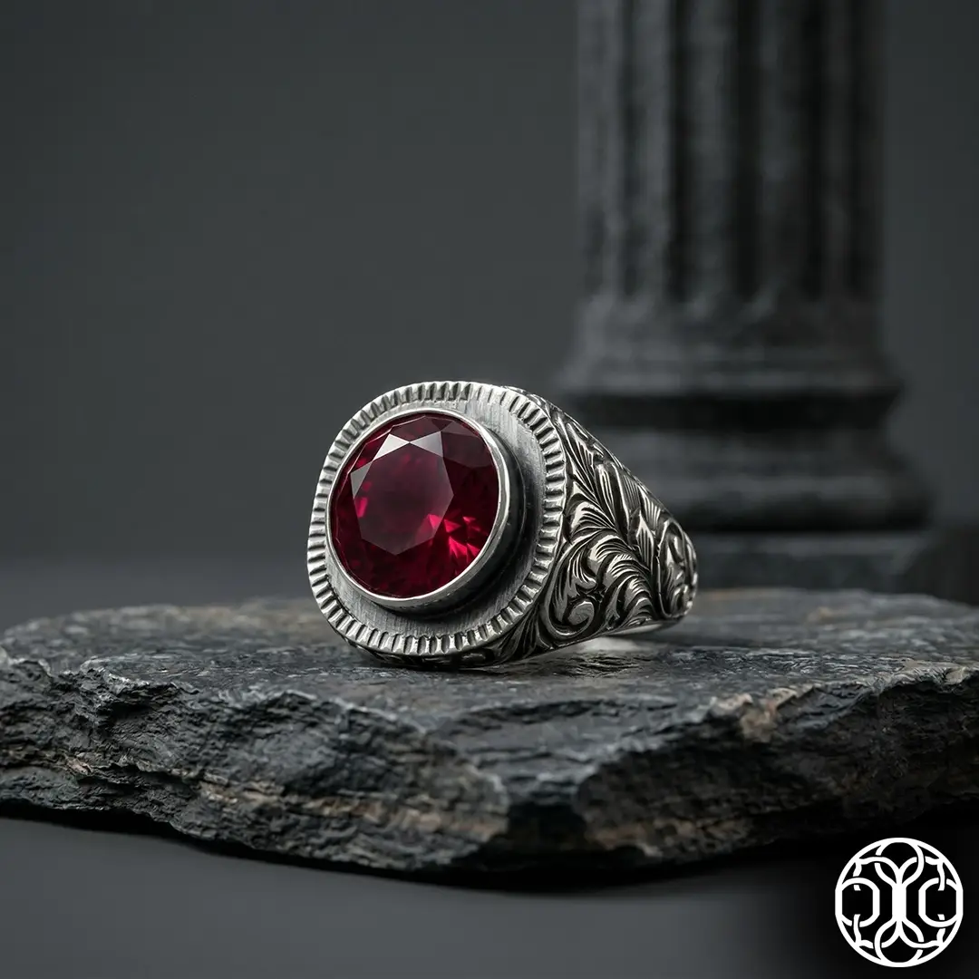 Red Atom Stone-set El Engraving Engraved Silver Ring