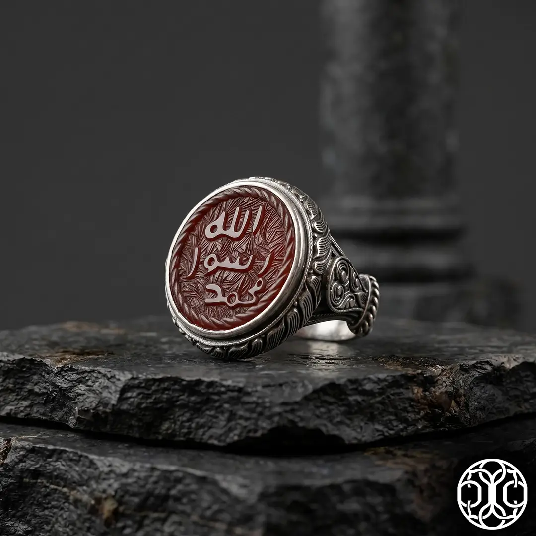 Peygamber Mührü Engraved Agate Stone-set Silver Ring