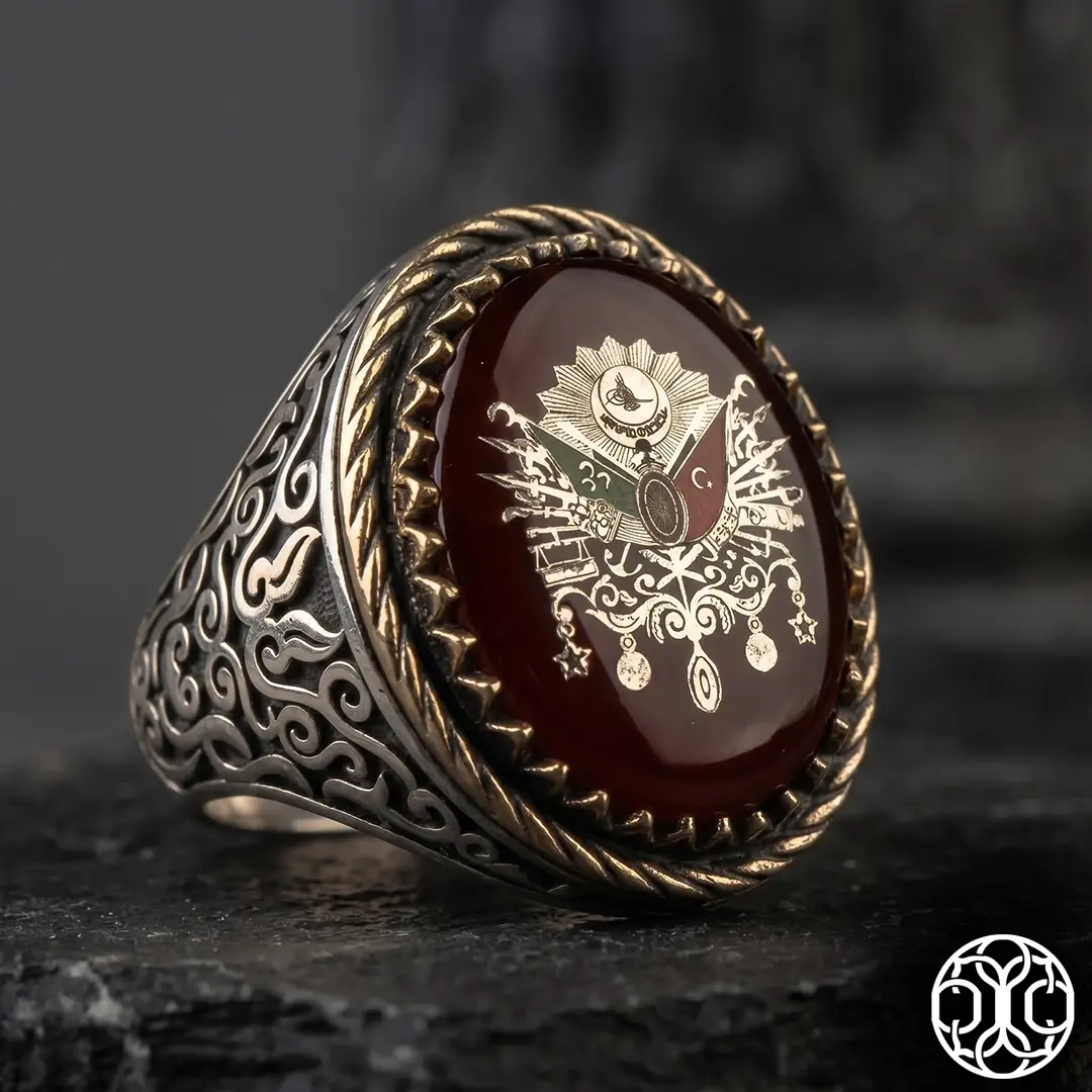 Ottoman Coat of Arms Engraved Red Amber Silver Ring
