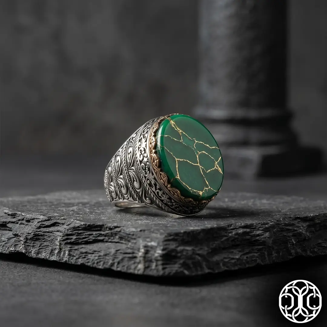 Green Arizona Turquoise Stone-set Engraving Engraved Silver Ring