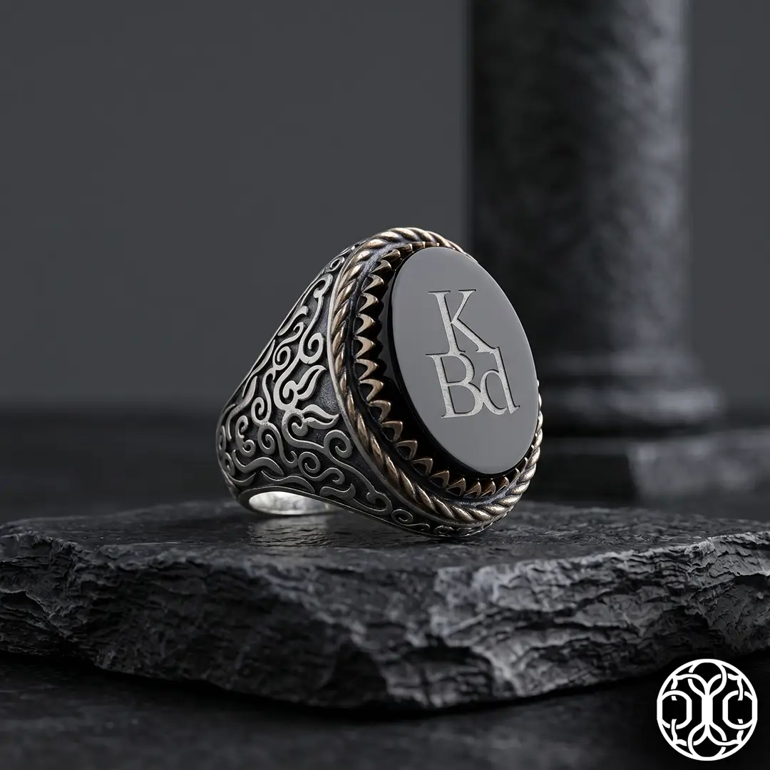 Letter Engraved Personalized Black Stone-set Silver Ring