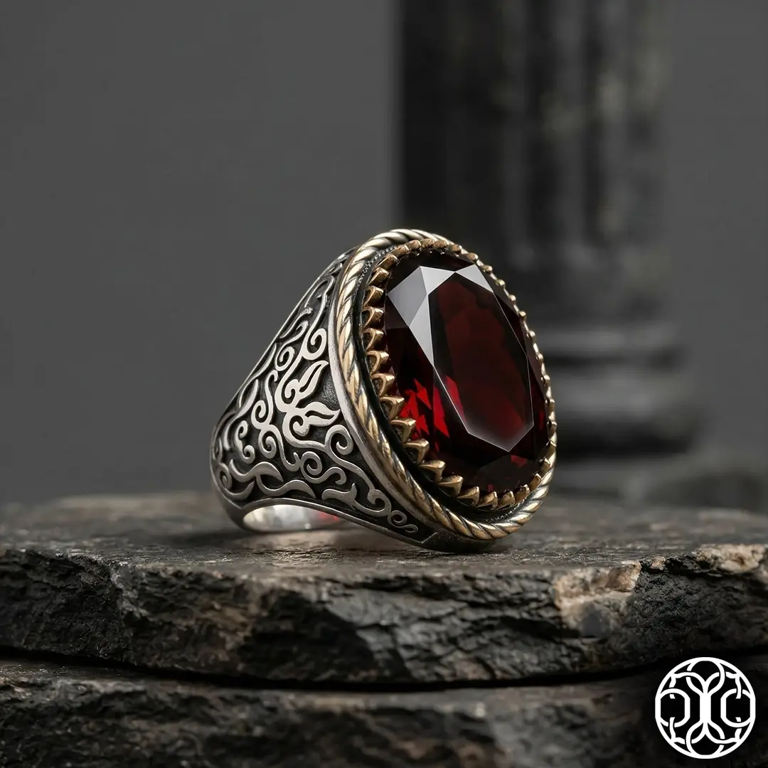 Red Stone-set Engraved Silver Ring
