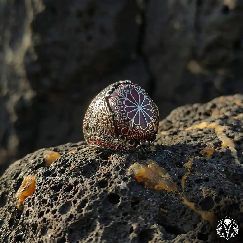 Red Inlay Stone-set Silver Ring
