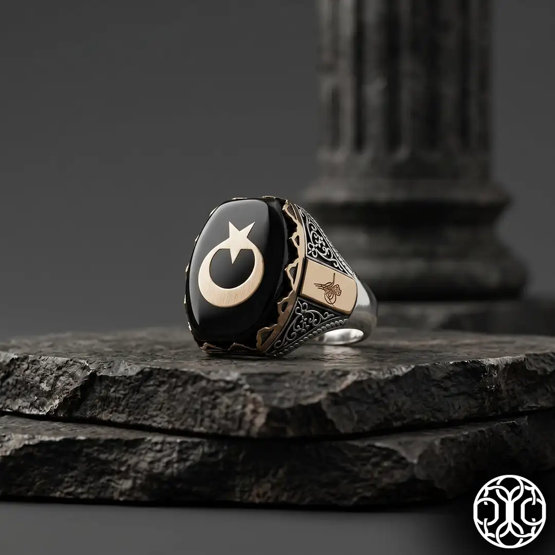 Star and Crescent Black Amber Silver Ring