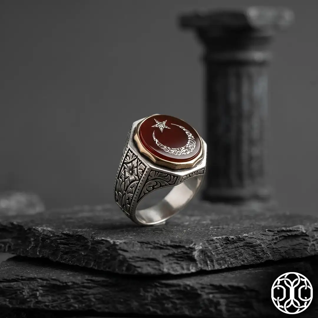 Kelime-i Tevhid & Ay-Yıldız Engraved Silver Men's Ring
