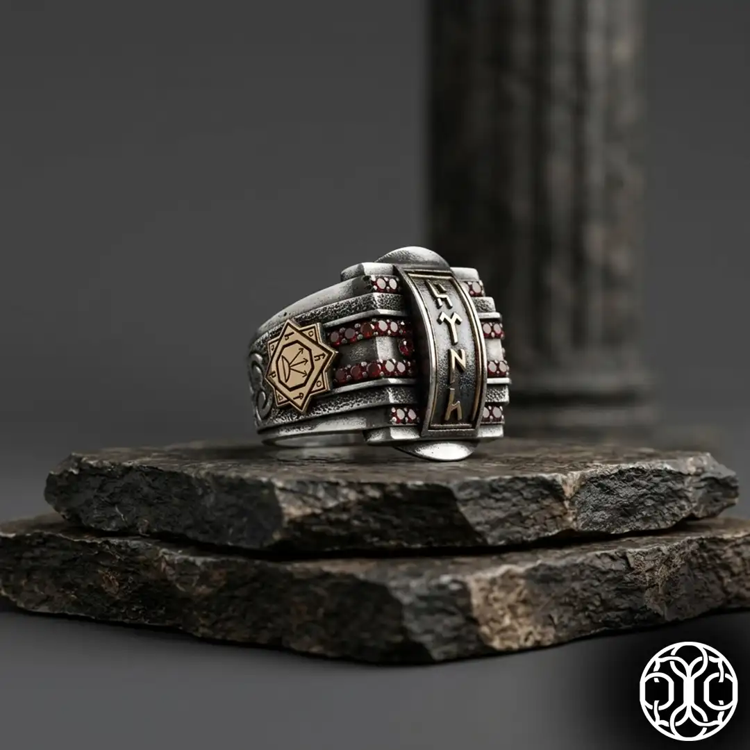 Göktürkçe Turkish Engraved Garnet Stone-set Silver Ring