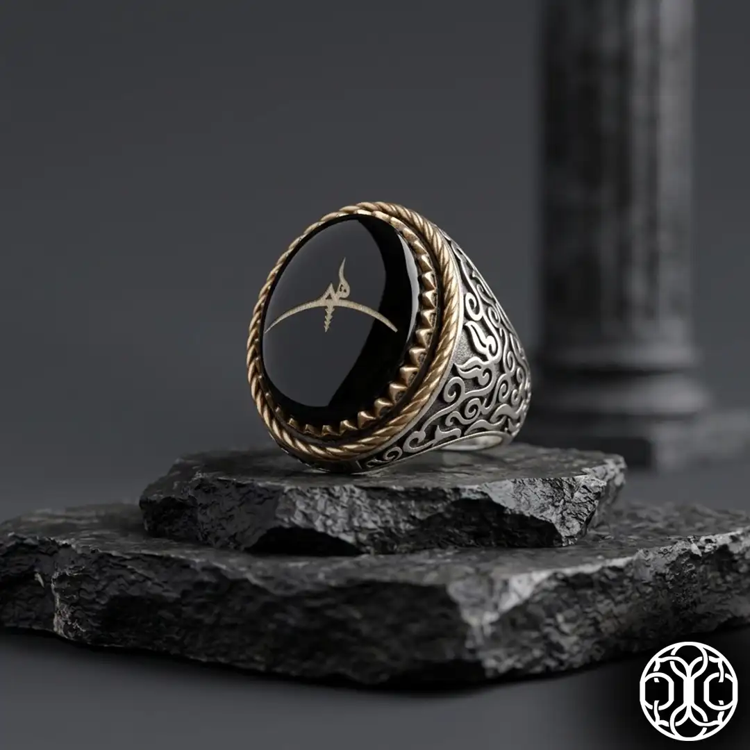 Engraved Black Amber Silver Ring