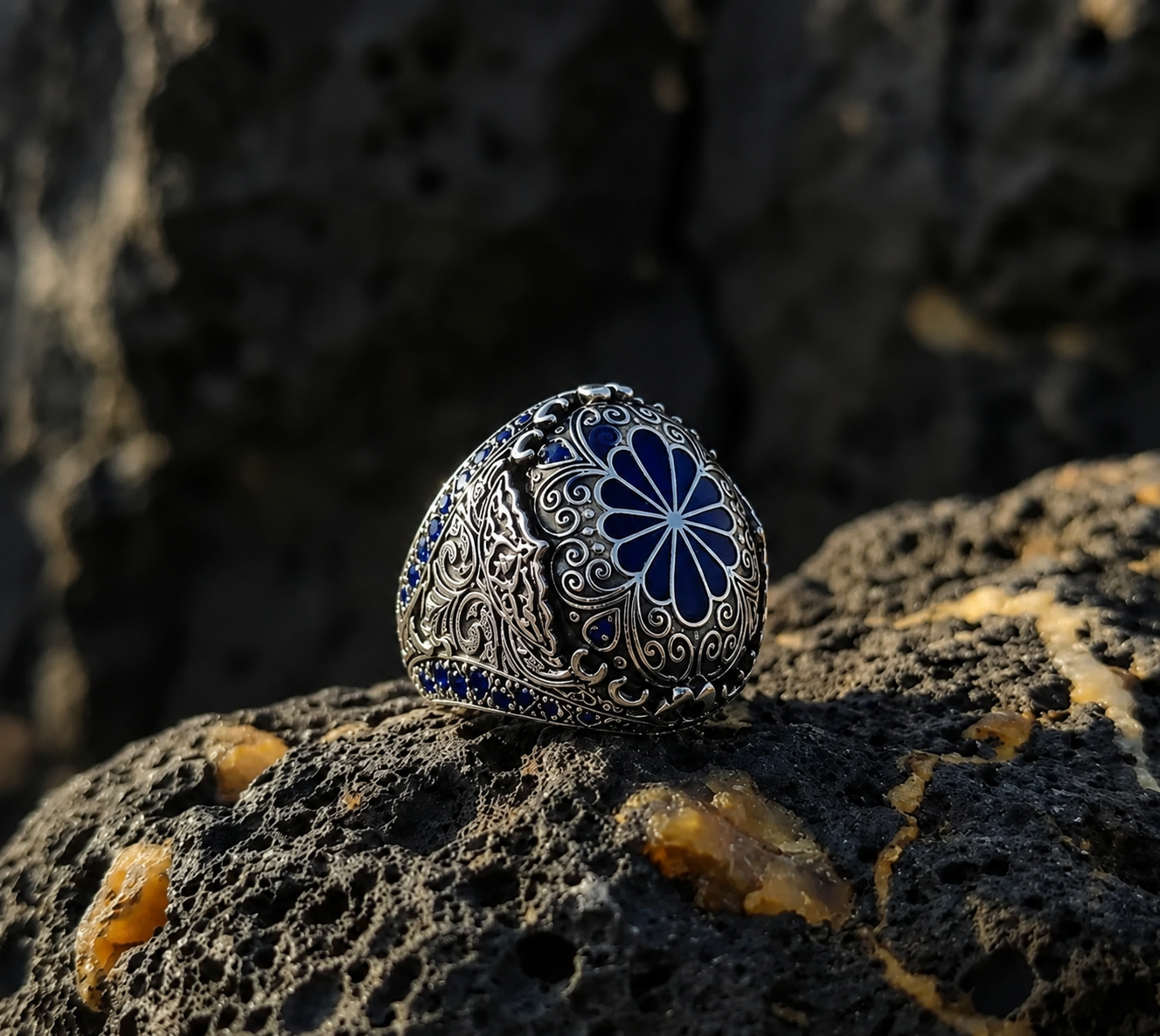 Navy Inlay Stone-set Silver Ring